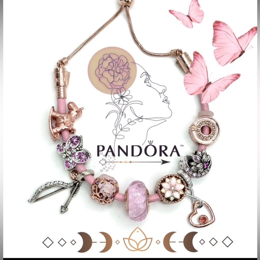 Authentic PANDORA Rose Gold two-tone pink leather-band adjustable bracelet s/m